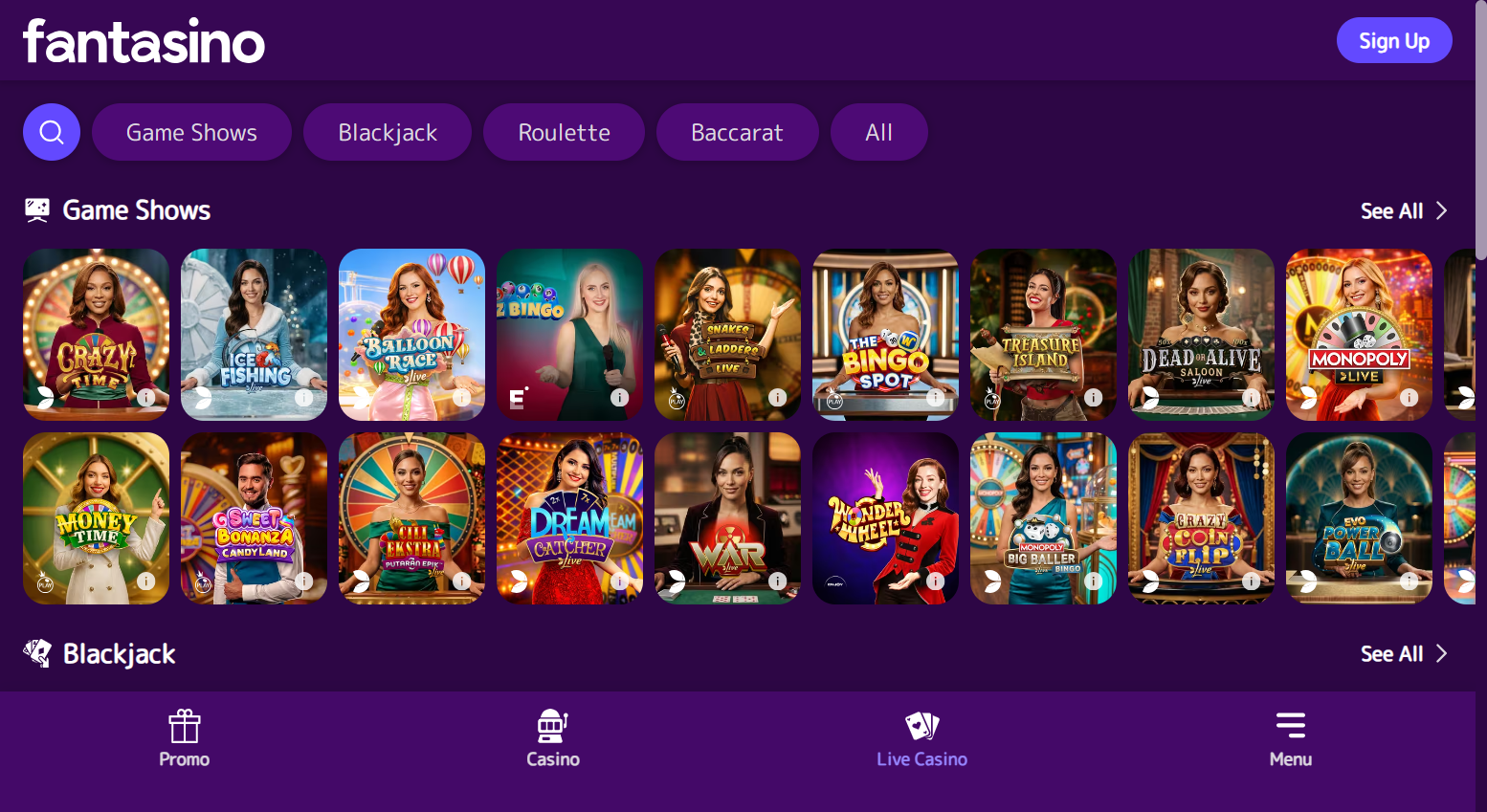Skärmdump: Fantasino — live casino