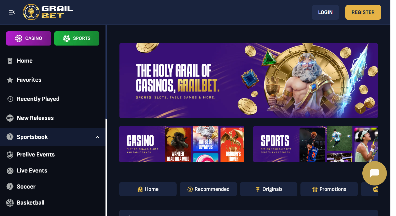 Skärmdump: Grailbet — startsida (grailbet.com)