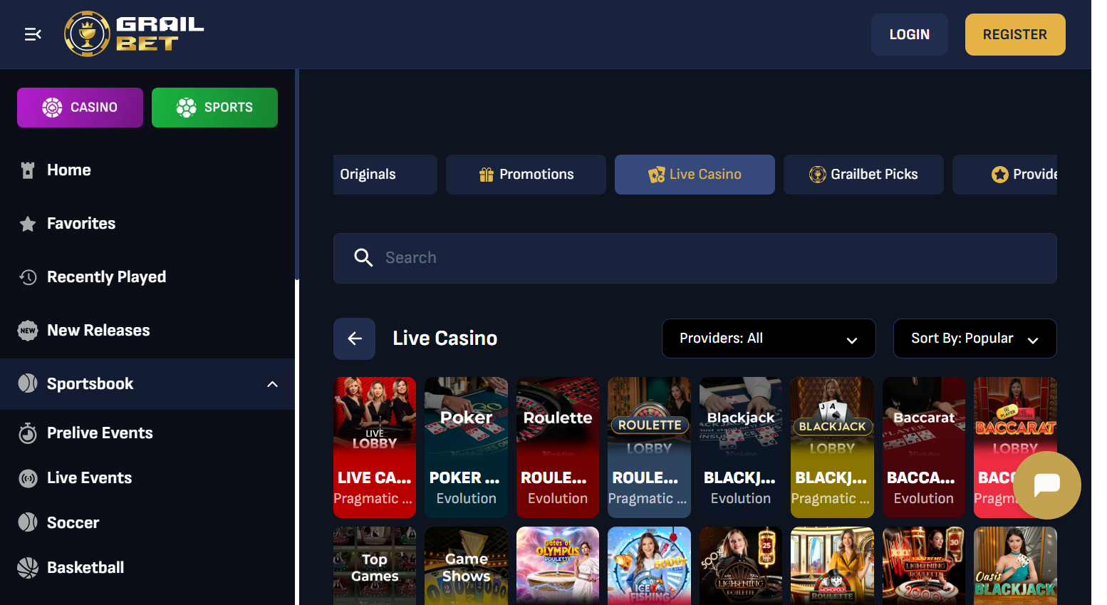 Skärmdump: Grailbet — live casino