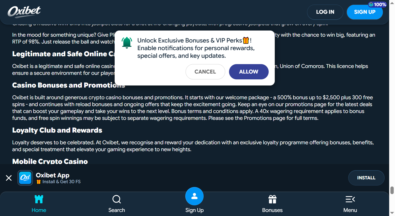 Skärmdump: Oxibet — startsida (oxibet.com)